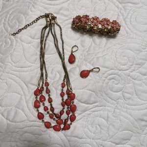 Napier gold and coral toned necklace, earrings and bracelet
